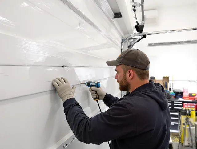 Rosemead Garage Door Repair technician demonstrating precision dent removal techniques on a Rosemead garage door