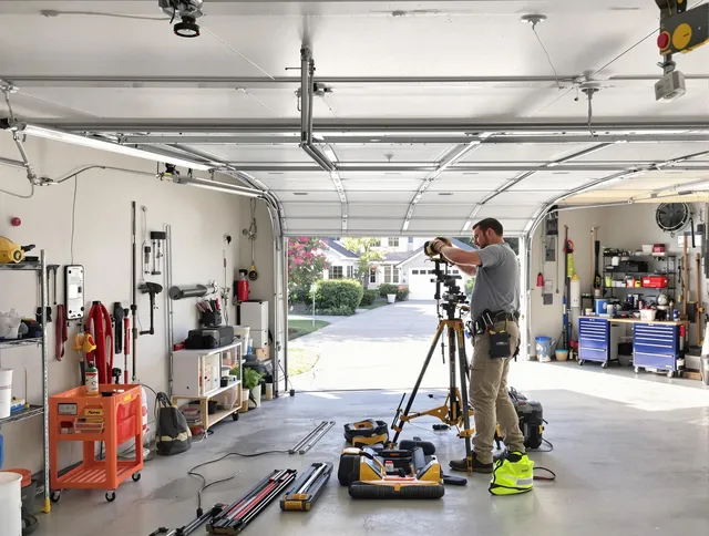Rosemead Garage Door Repair specialist performing laser-guided track alignment in Rosemead